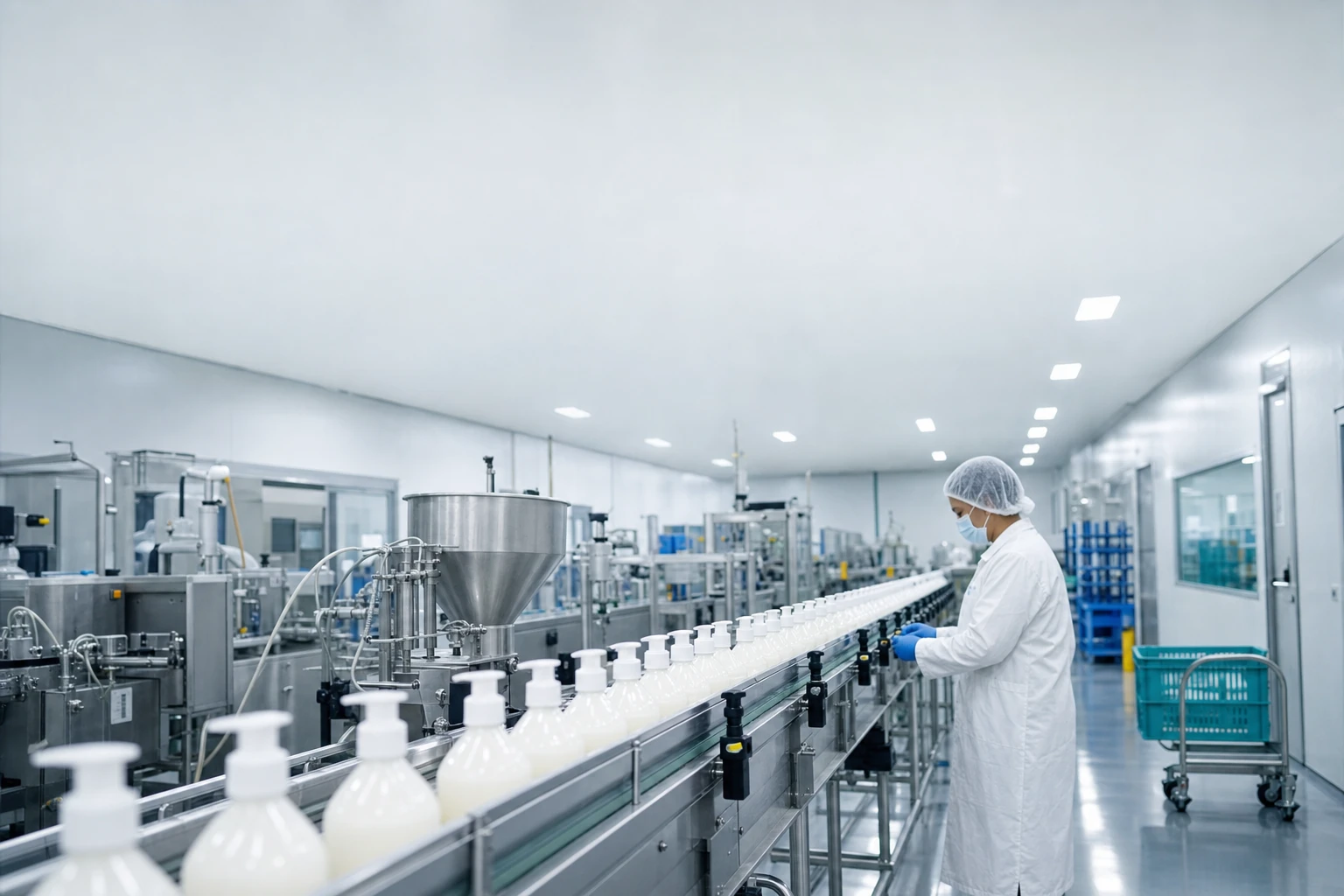 GMP-accredited production line at Ausmetix with technician inspecting skincare product batches